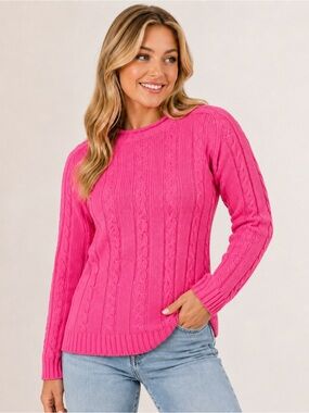 Best American Hot Pink Cable Knit Crewneck Sweater Long Sleeve Pullover Top L